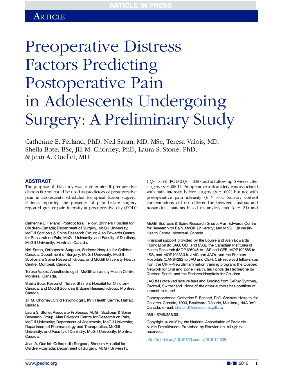 Preoperative Distress Factors Predicting Postoperative Pain in Adolescents Undergoing Surgery: A Preliminary Study