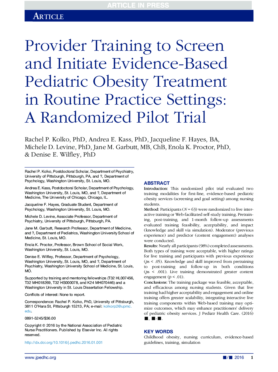 Provider Training to Screen and Initiate Evidence-Based Pediatric Obesity Treatment in Routine Practice Settings: A Randomized Pilot Trial