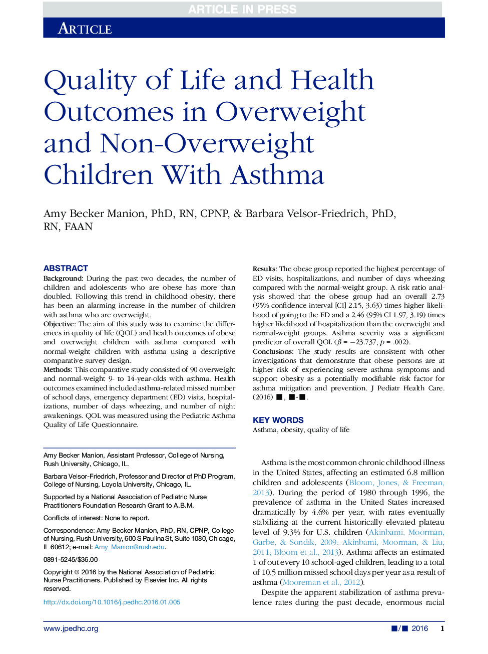 Quality of Life and Health Outcomes in Overweight and Non-Overweight Children With Asthma