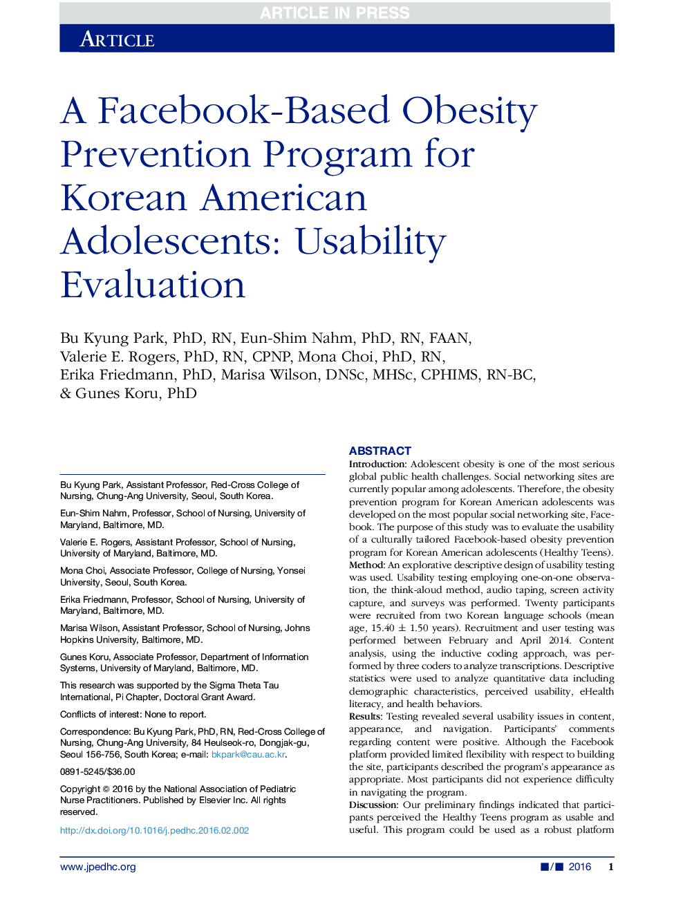 A Facebook-Based Obesity Prevention Program for Korean American Adolescents: Usability Evaluation