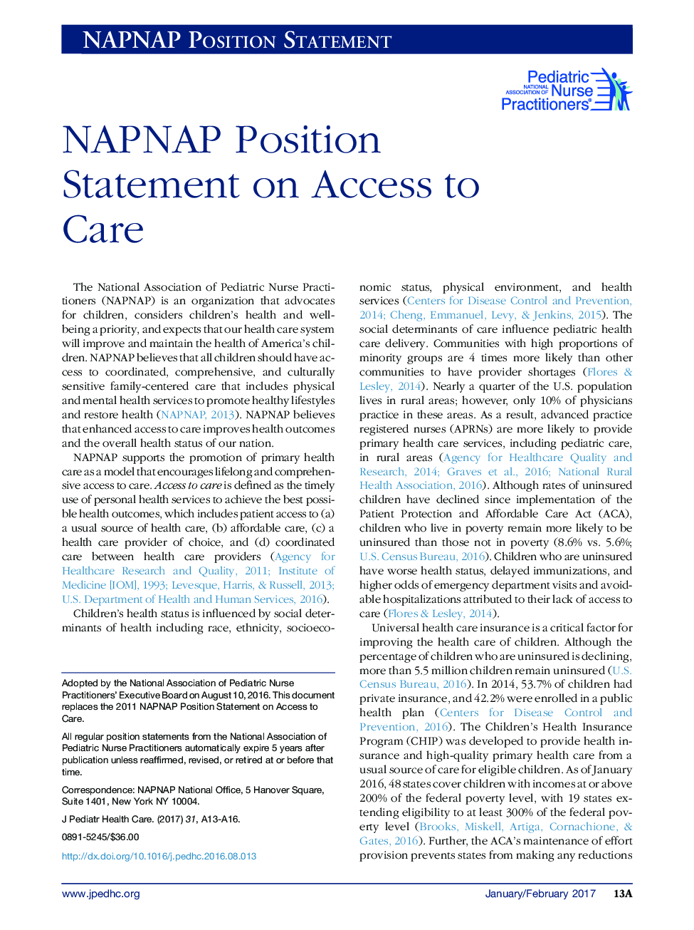 NAPNAP Position Statement on Access to Care