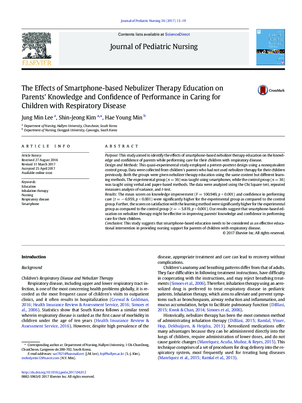 The Effects of Smartphone-based Nebulizer Therapy Education on Parents' Knowledge and Confidence of Performance in Caring for Children with Respiratory Disease