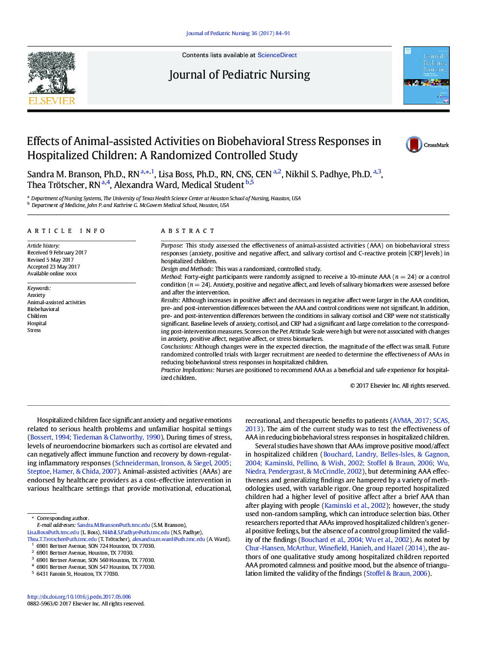 Effects of Animal-assisted Activities on Biobehavioral Stress Responses in Hospitalized Children: A Randomized Controlled Study