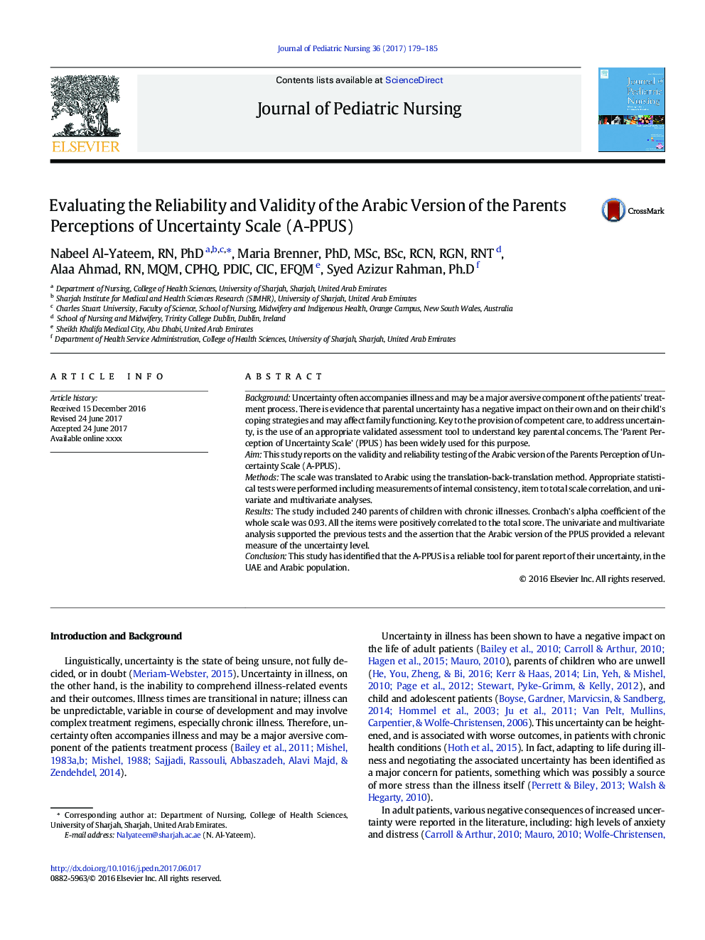 Evaluating the Reliability and Validity of the Arabic Version of the Parents Perceptions of Uncertainty Scale (A-PPUS)