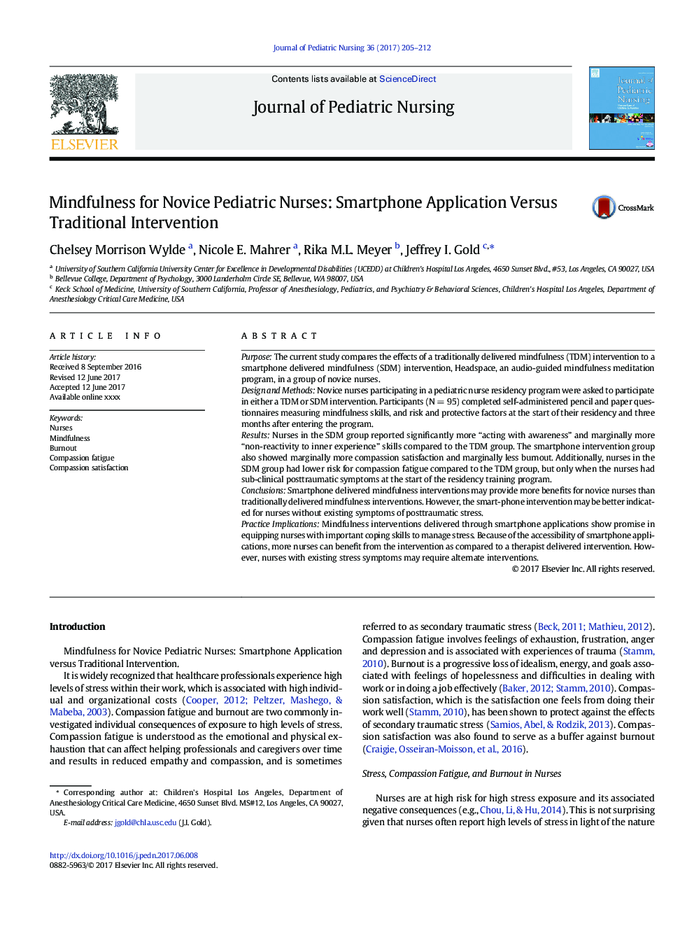 Mindfulness for Novice Pediatric Nurses: Smartphone Application Versus Traditional Intervention