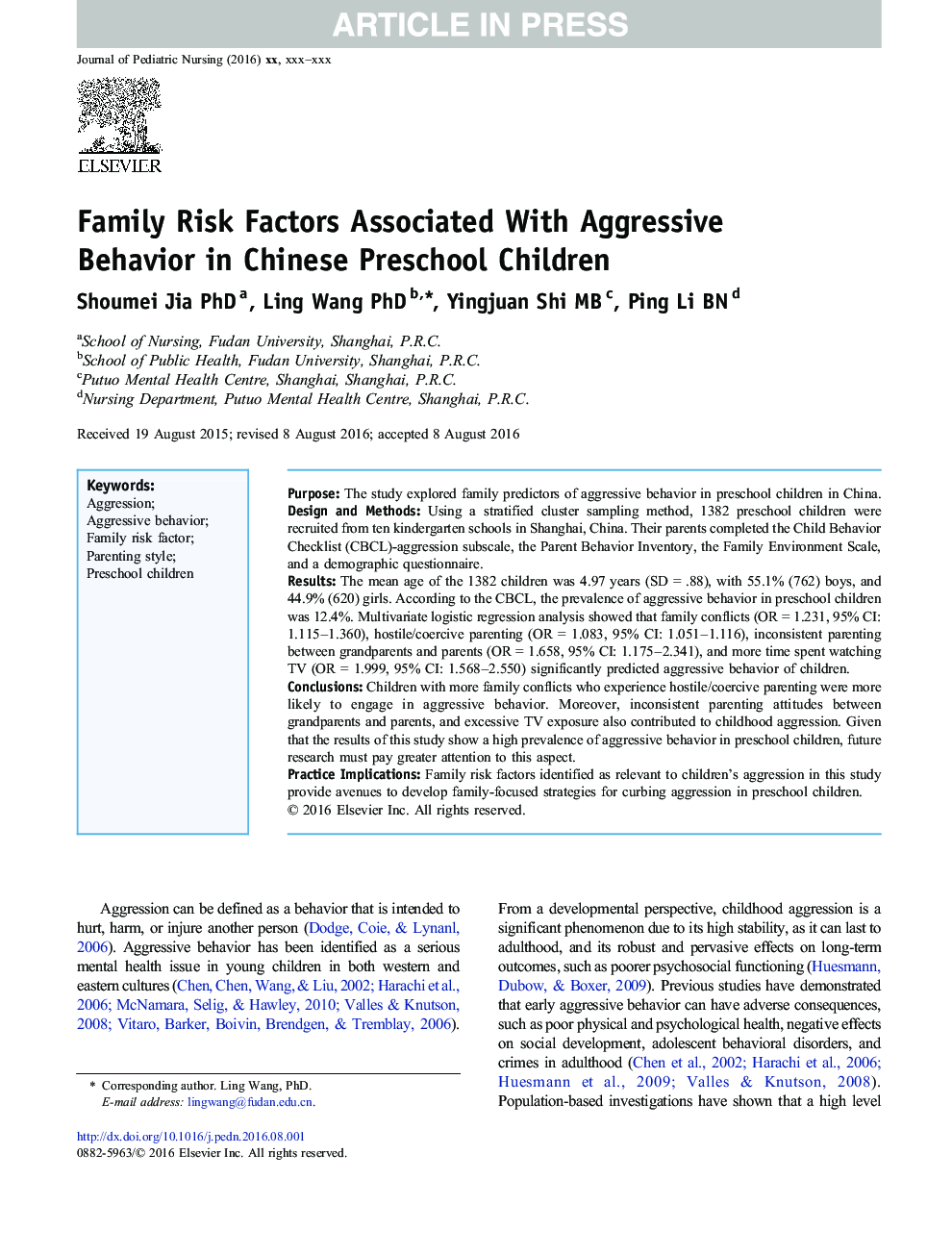 Family Risk Factors Associated With Aggressive Behavior in Chinese Preschool Children