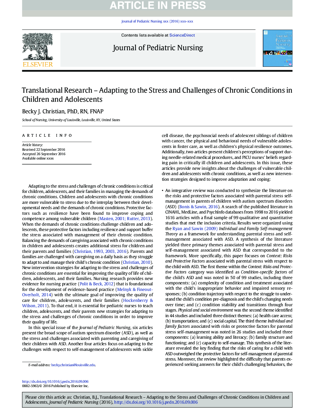 Translational Research - Adapting to the Stress and Challenges of Chronic Conditions in Children and Adolescents