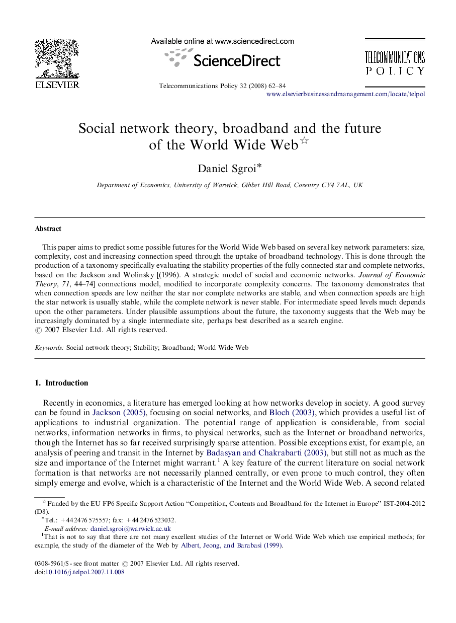 Social network theory, broadband and the future of the World Wide Web 