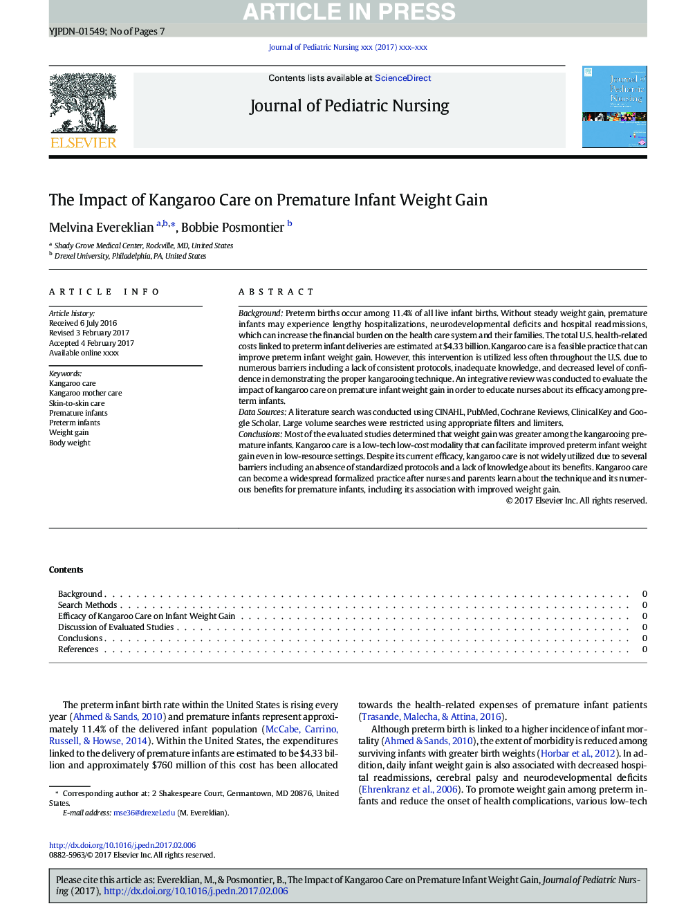 The Impact of Kangaroo Care on Premature Infant Weight Gain