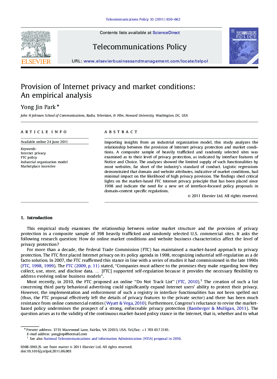عکس صفحه اول مقاله: Provision of Internet privacy and market conditions: An empirical analysis Provision of Internet privacy and market conditions: An empirical analysis