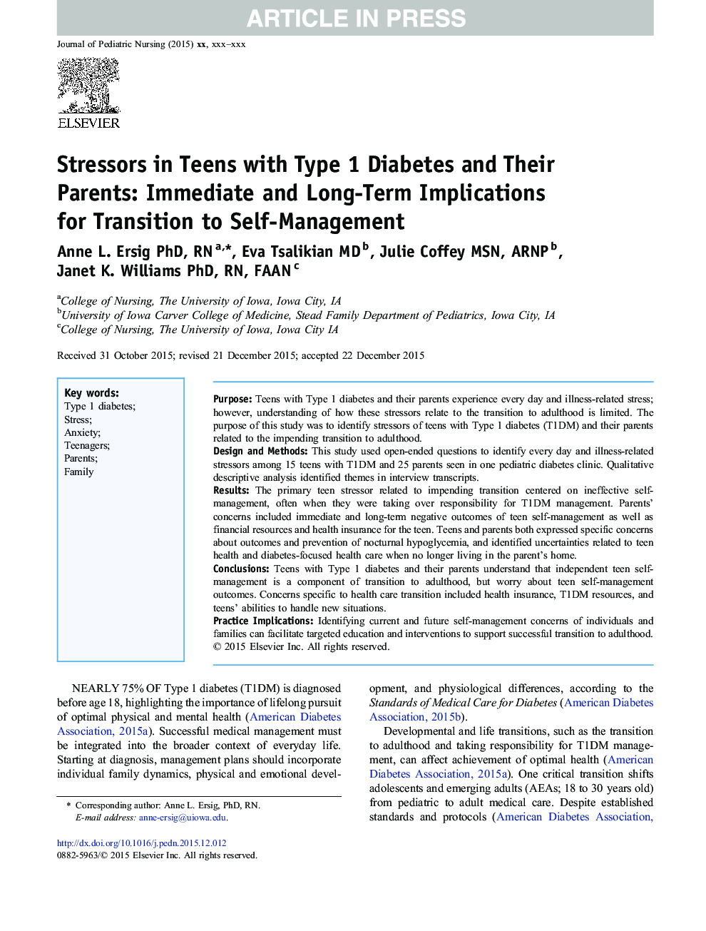 Stressors in Teens with Type 1 Diabetes and Their Parents: Immediate and Long-Term Implications for Transition to Self-Management