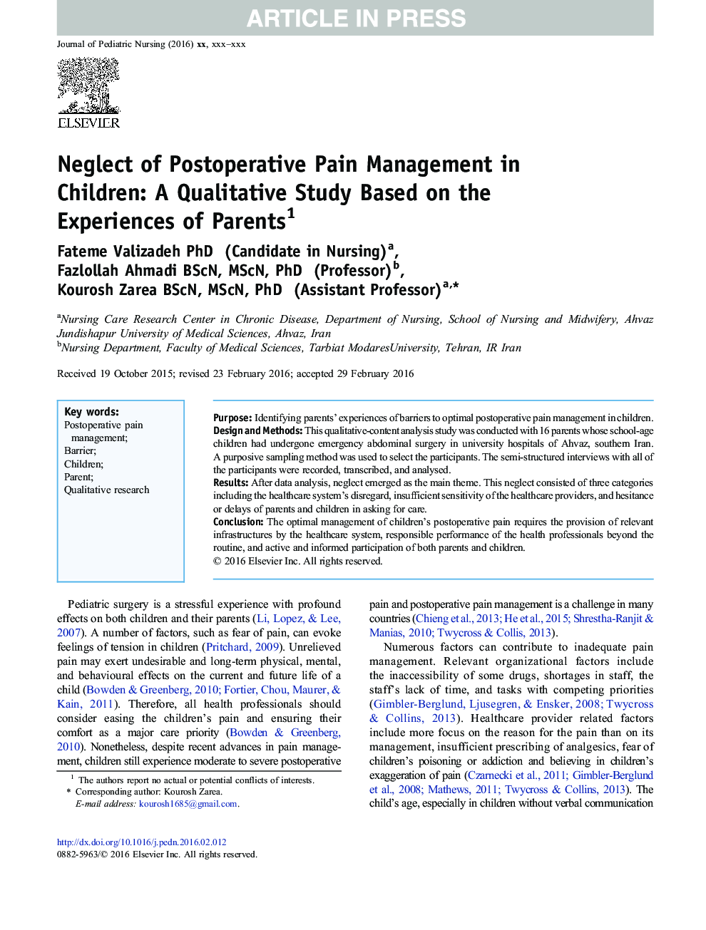 Neglect of Postoperative Pain Management in Children: A Qualitative Study Based on the Experiences of Parents