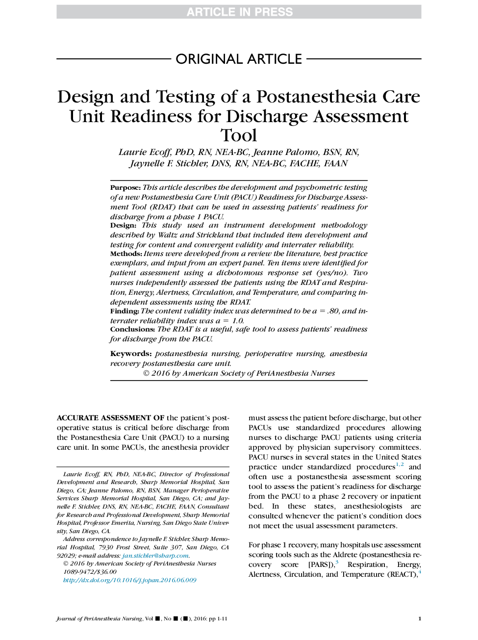 Design and Testing of a Postanesthesia Care Unit Readiness for Discharge Assessment Tool