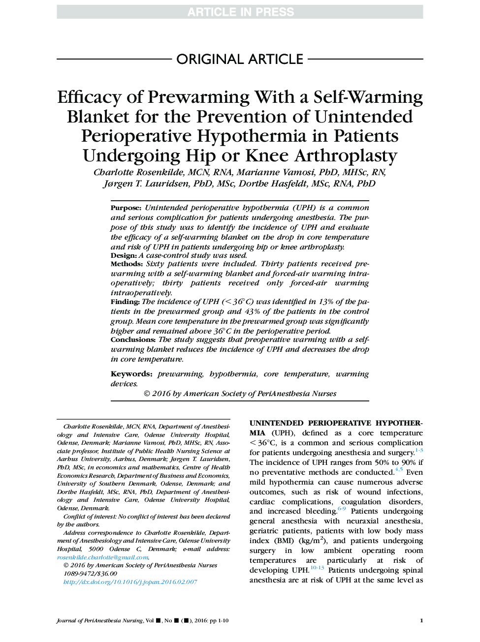 Efficacy of Prewarming With a Self-Warming Blanket for the Prevention of Unintended Perioperative Hypothermia in Patients Undergoing Hip or Knee Arthroplasty