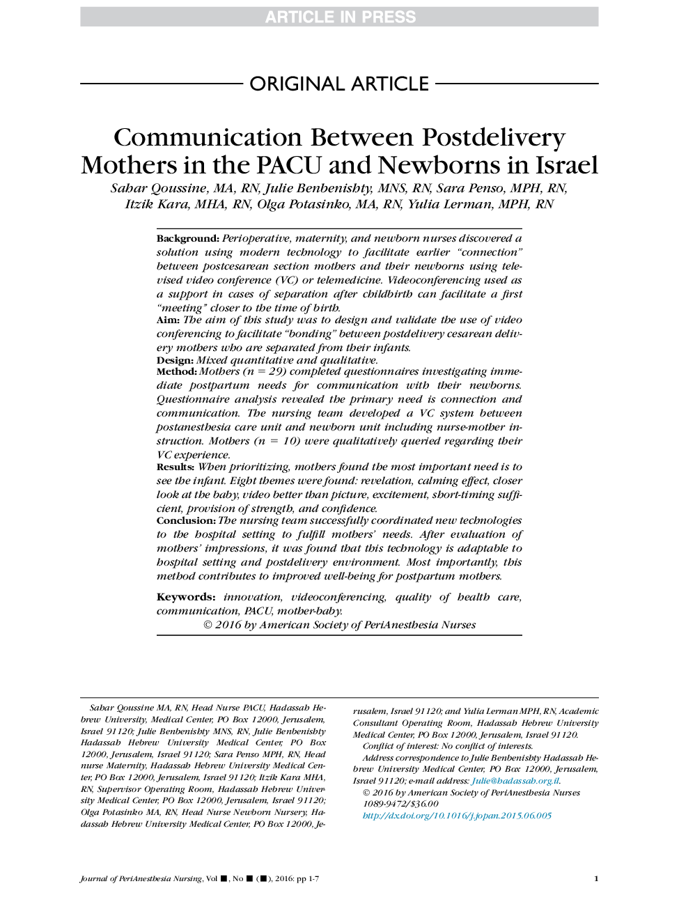 Communication Between Postdelivery Mothers in the PACU and Newborns in Israel