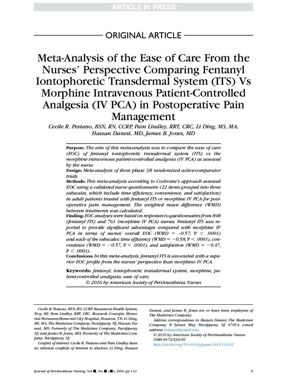 Meta-Analysis of the Ease of Care From the Nurses' Perspective Comparing Fentanyl Iontophoretic Transdermal System (ITS) Vs Morphine Intravenous Patient-Controlled Analgesia (IV PCA) in Postoperative Pain Management