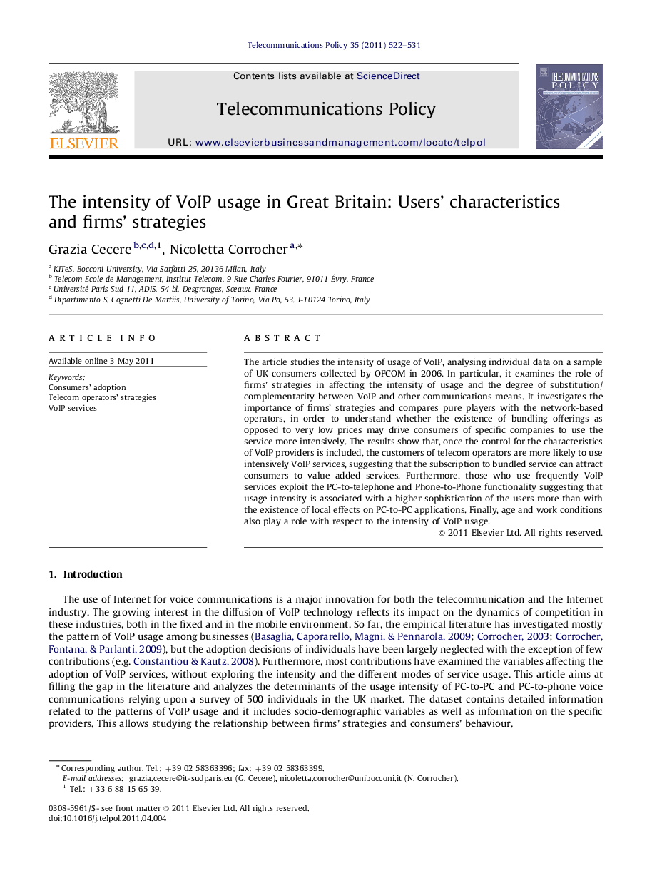 The intensity of VoIP usage in Great Britain: Users' characteristics and firms' strategies