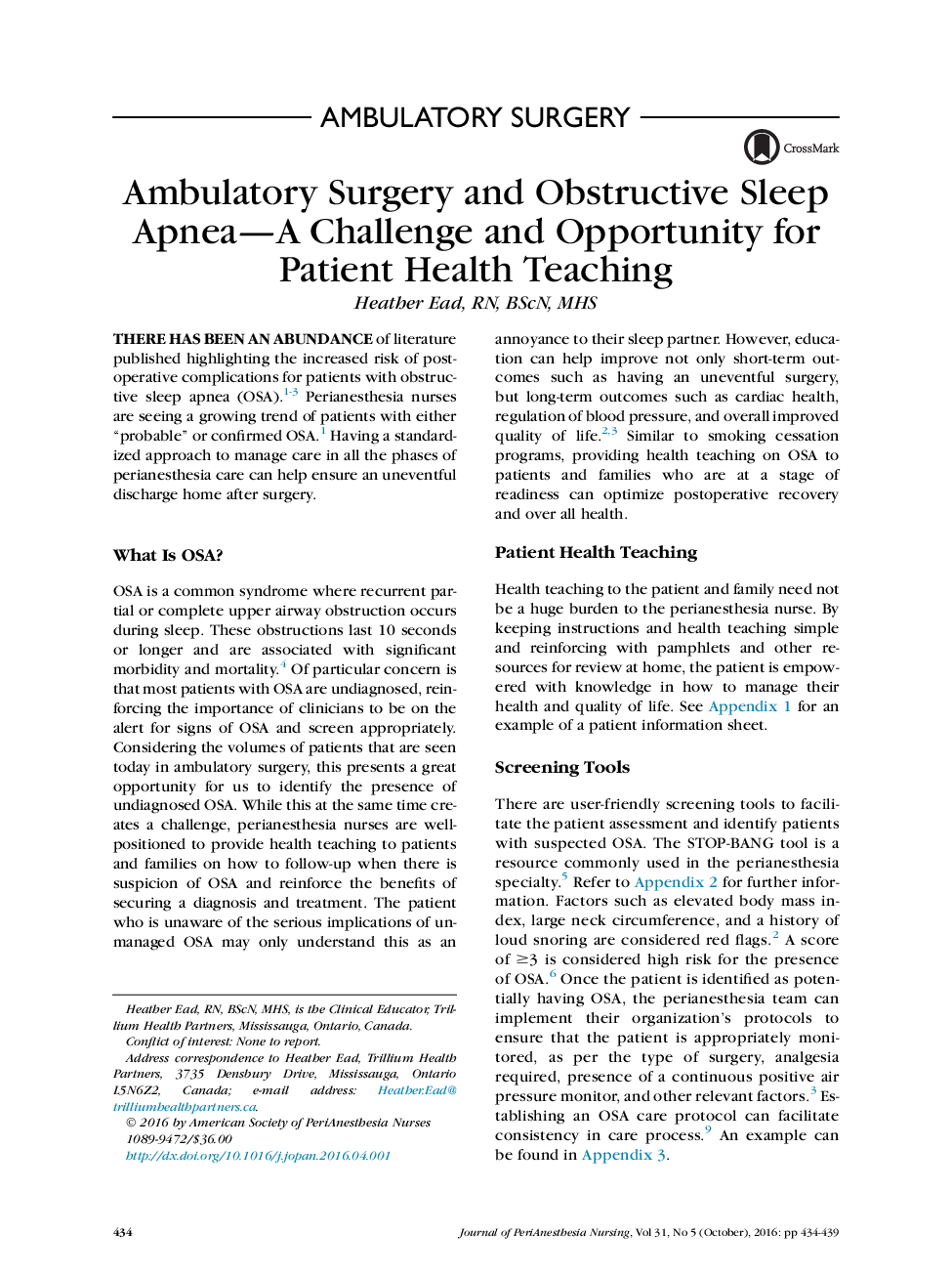 Ambulatory Surgery and Obstructive Sleep Apnea-A Challenge and Opportunity for Patient Health Teaching