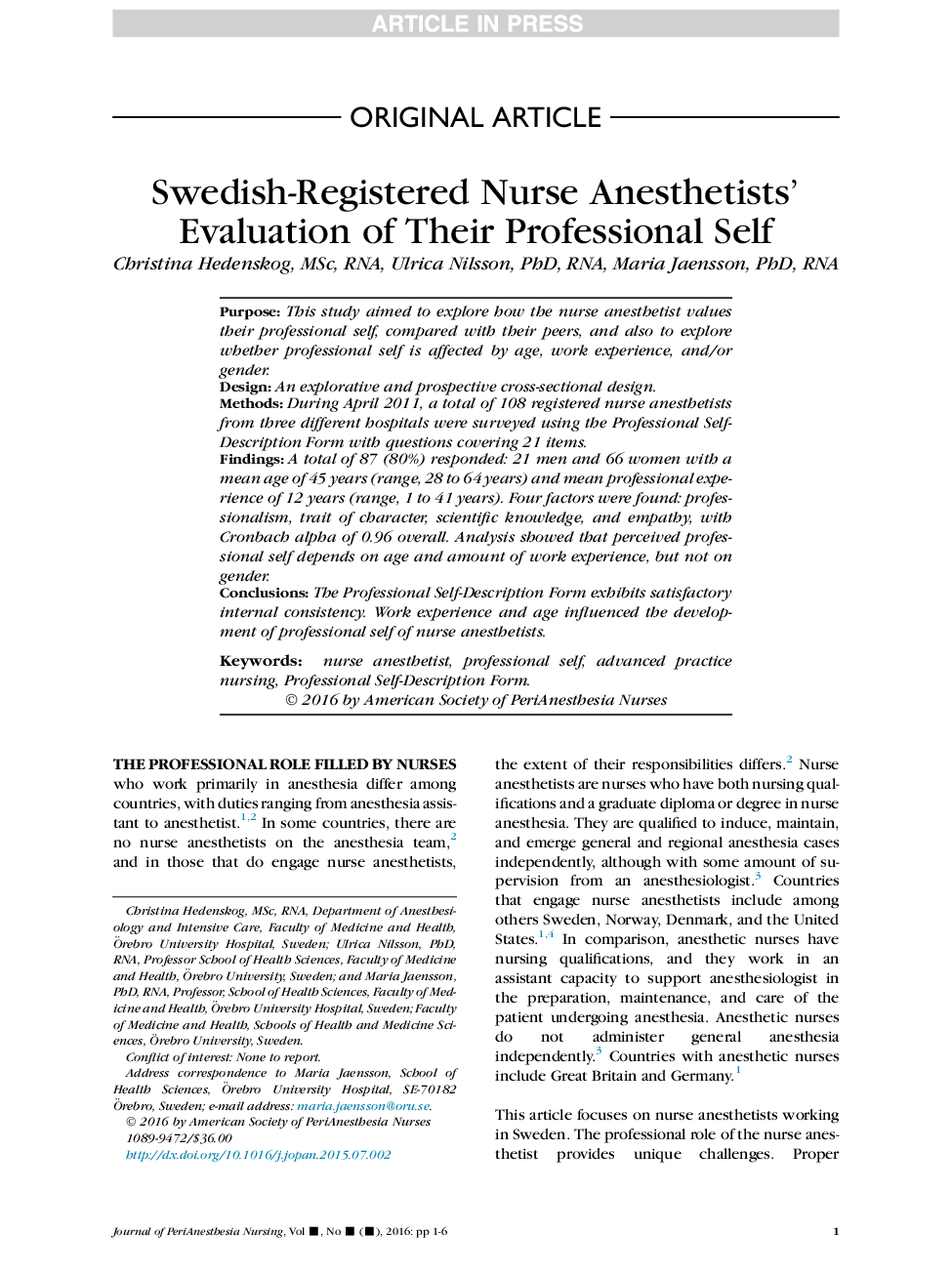ارزیابی حرفه ای آنستاشیست های پرستار سوئدی از خودشان حرفه ای 