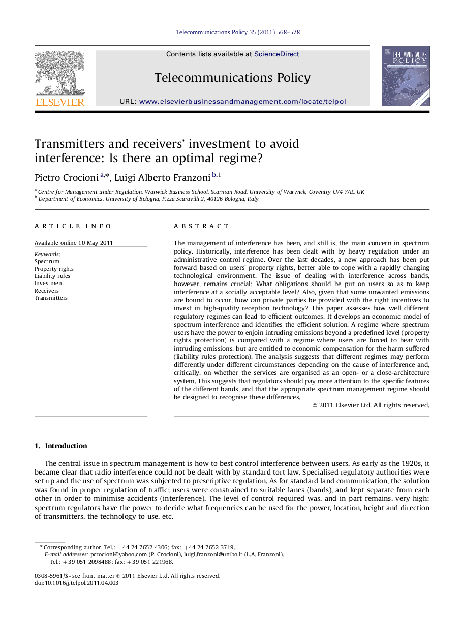 Transmitters and receivers' investment to avoid interference: Is there an optimal regime?