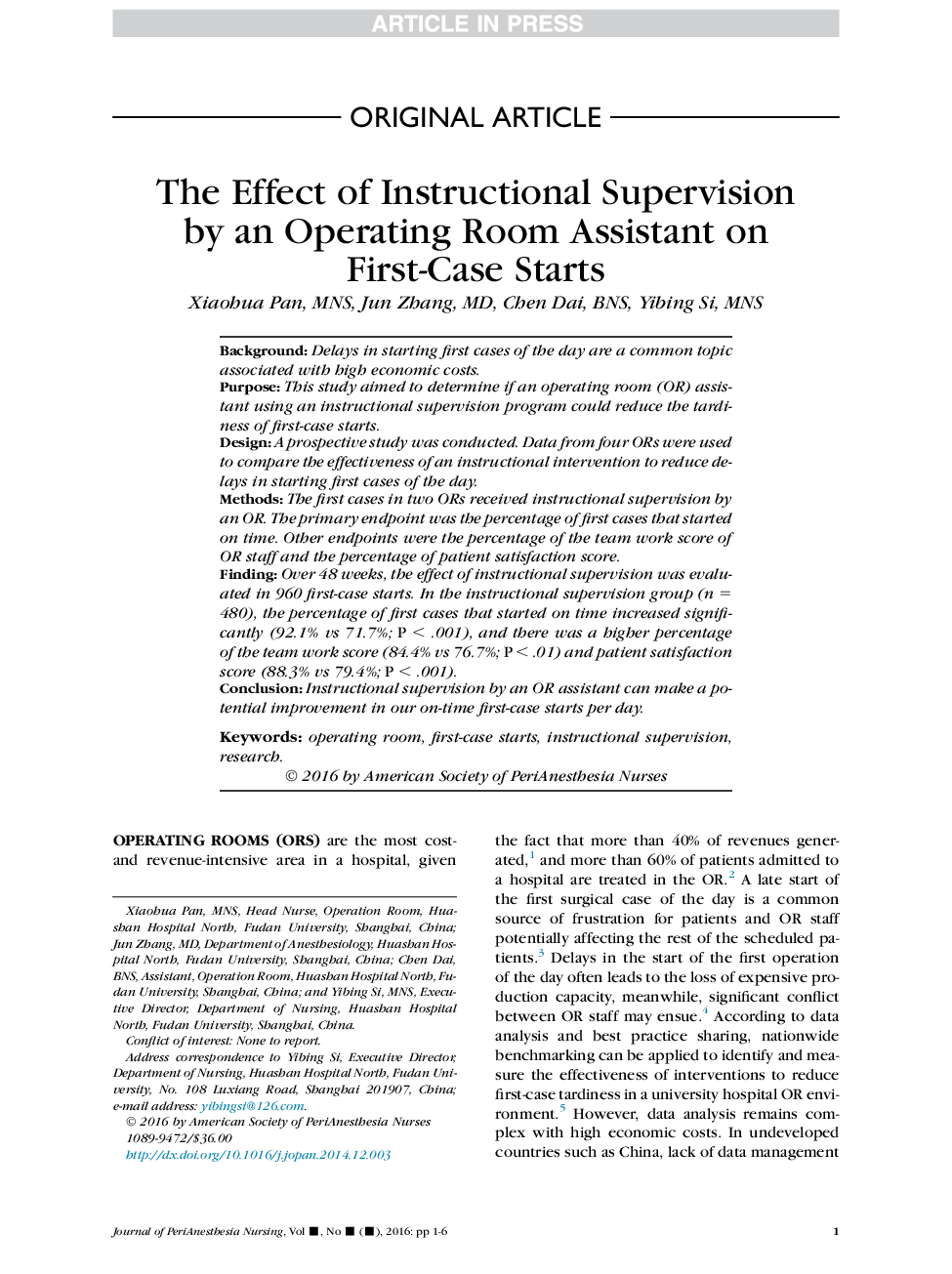 The Effect of Instructional Supervision by an Operating Room Assistant on First-Case Starts