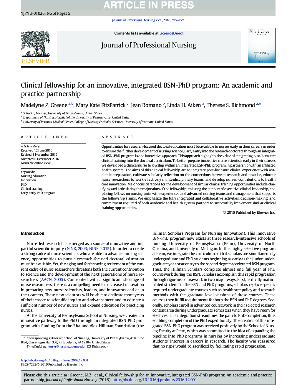 Clinical fellowship for an innovative, integrated BSN-PhD program: An academic and practice partnership