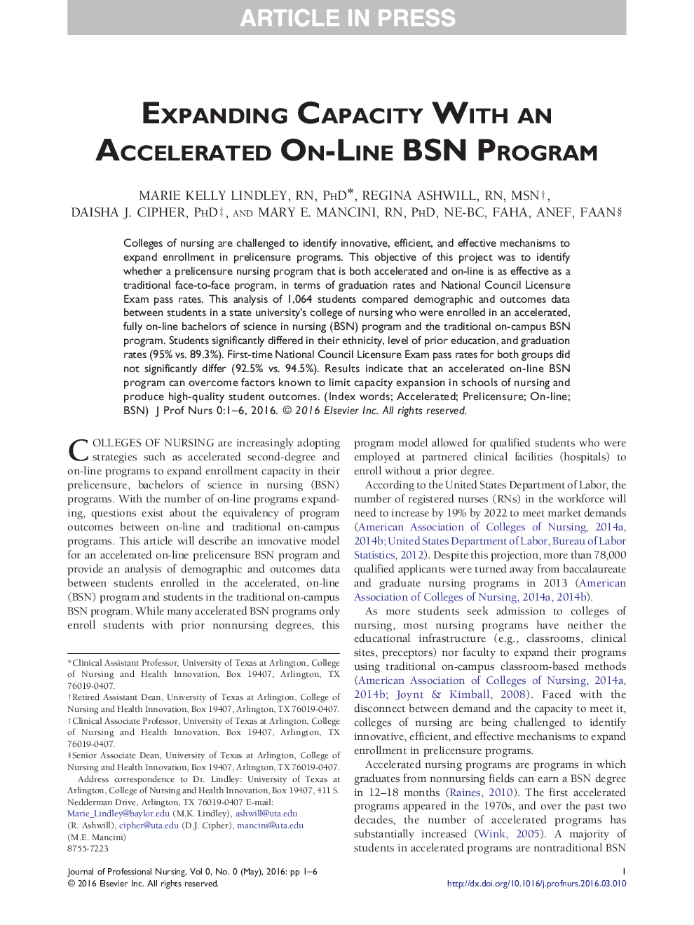 Expanding Capacity With an Accelerated On-Line BSN Program