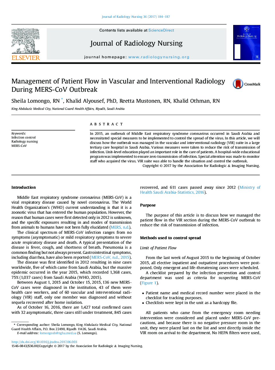 Management of Patient Flow in Vascular and Interventional Radiology During MERS-CoV Outbreak