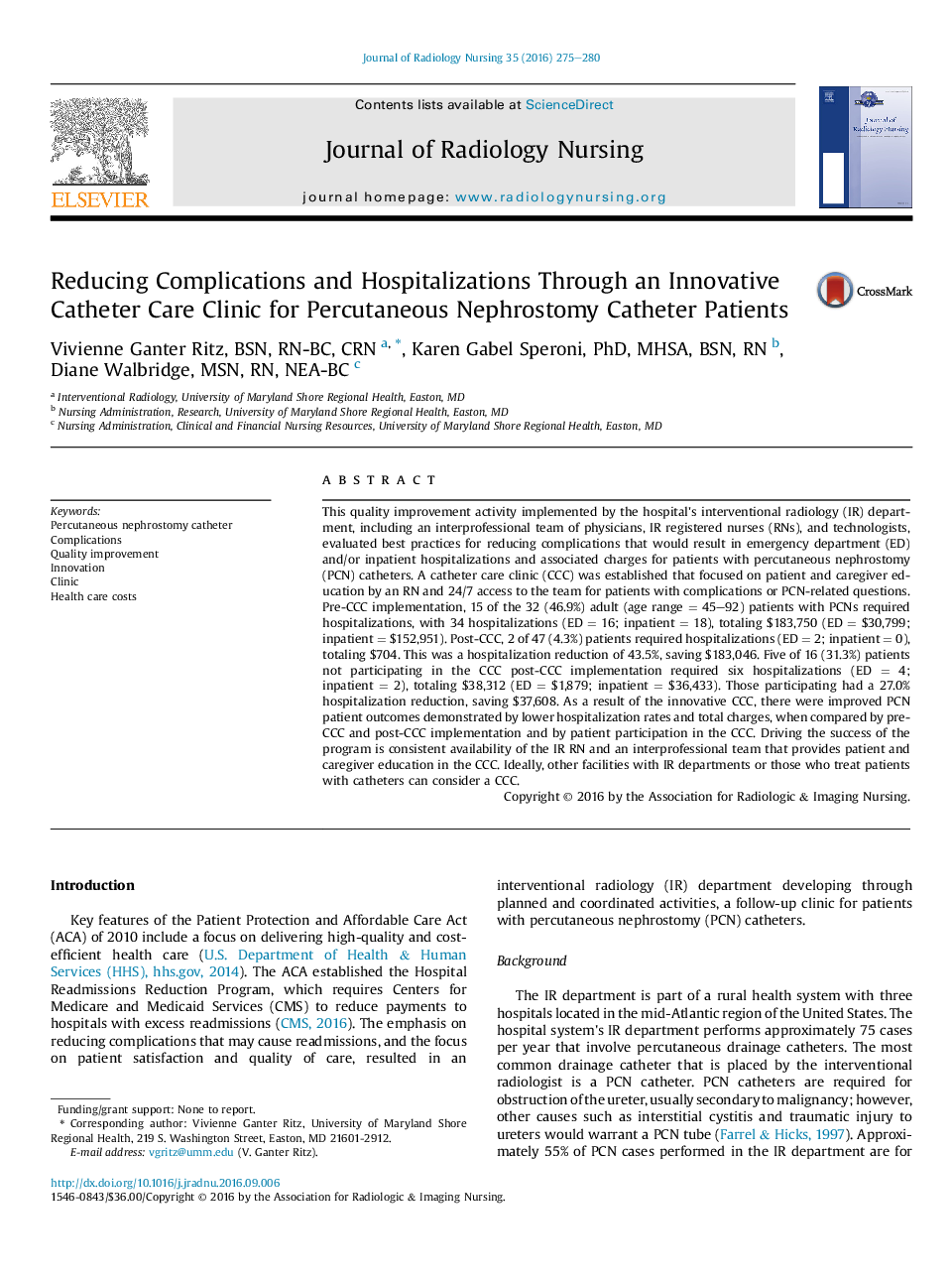 Reducing Complications and Hospitalizations Through an Innovative Catheter Care Clinic for Percutaneous Nephrostomy Catheter Patients