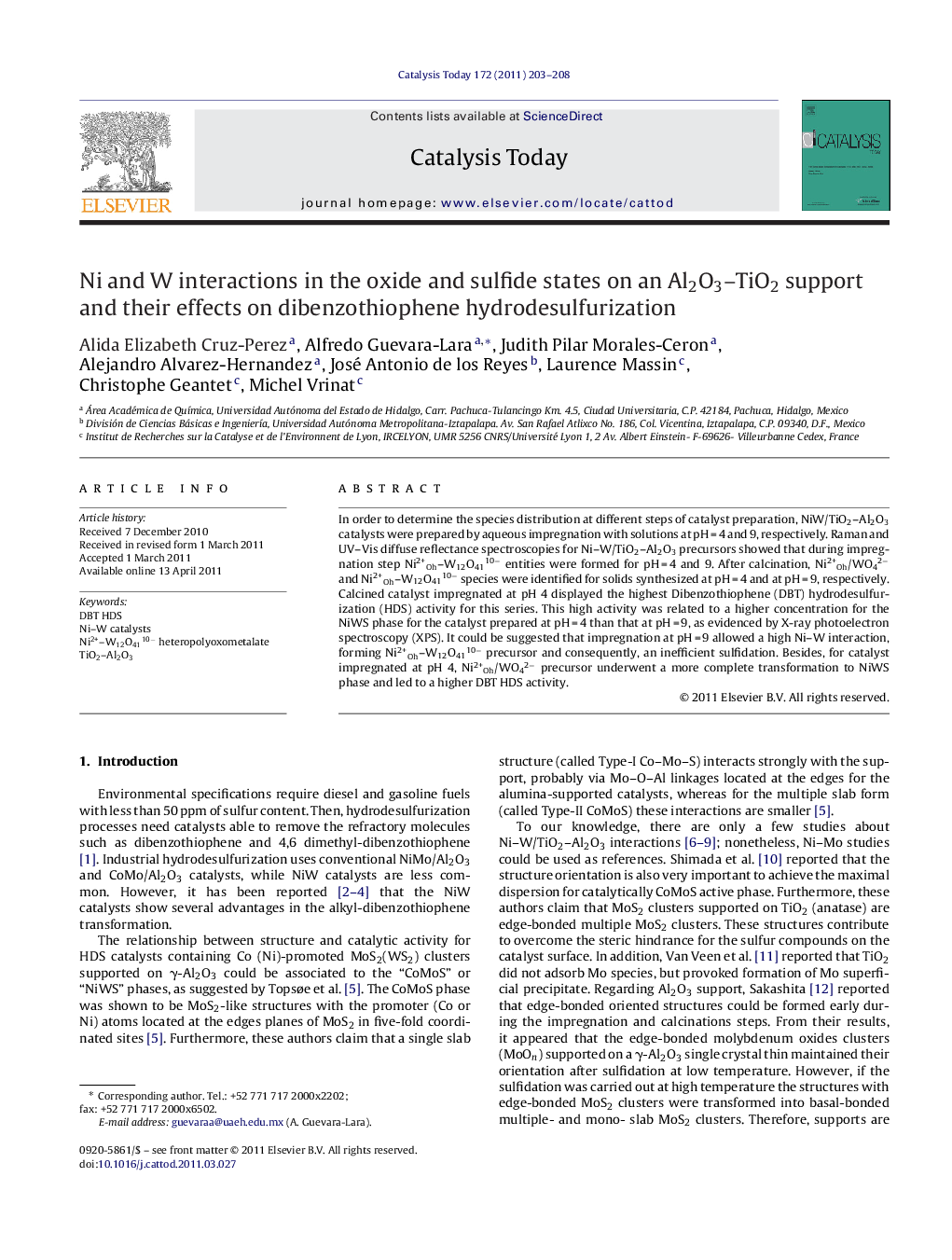 عکس صفحه اول مقاله: Ni and W interactions in the oxide and sulfide states on an Al2O3–TiO2 support and their effects on dibenzothiophene hydrodesulfurization Ni and W interactions in the oxide and sulfide states on an Al2O3–TiO2 support and their effects on dibenzothiophene hydrodesulfurization