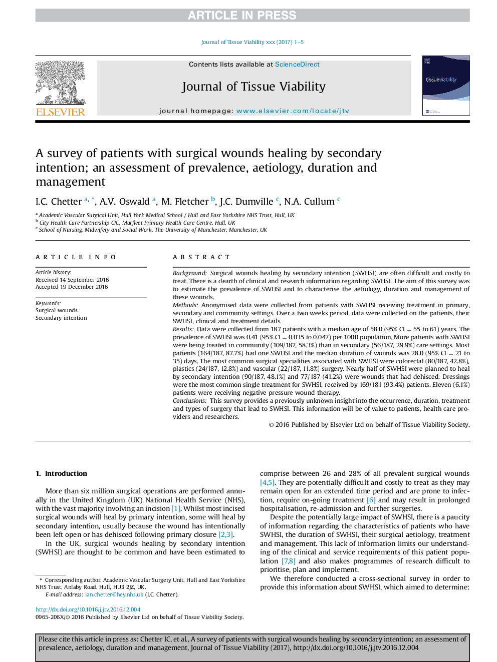 A survey of patients with surgical wounds healing by secondary intention; an assessment of prevalence, aetiology, duration and management