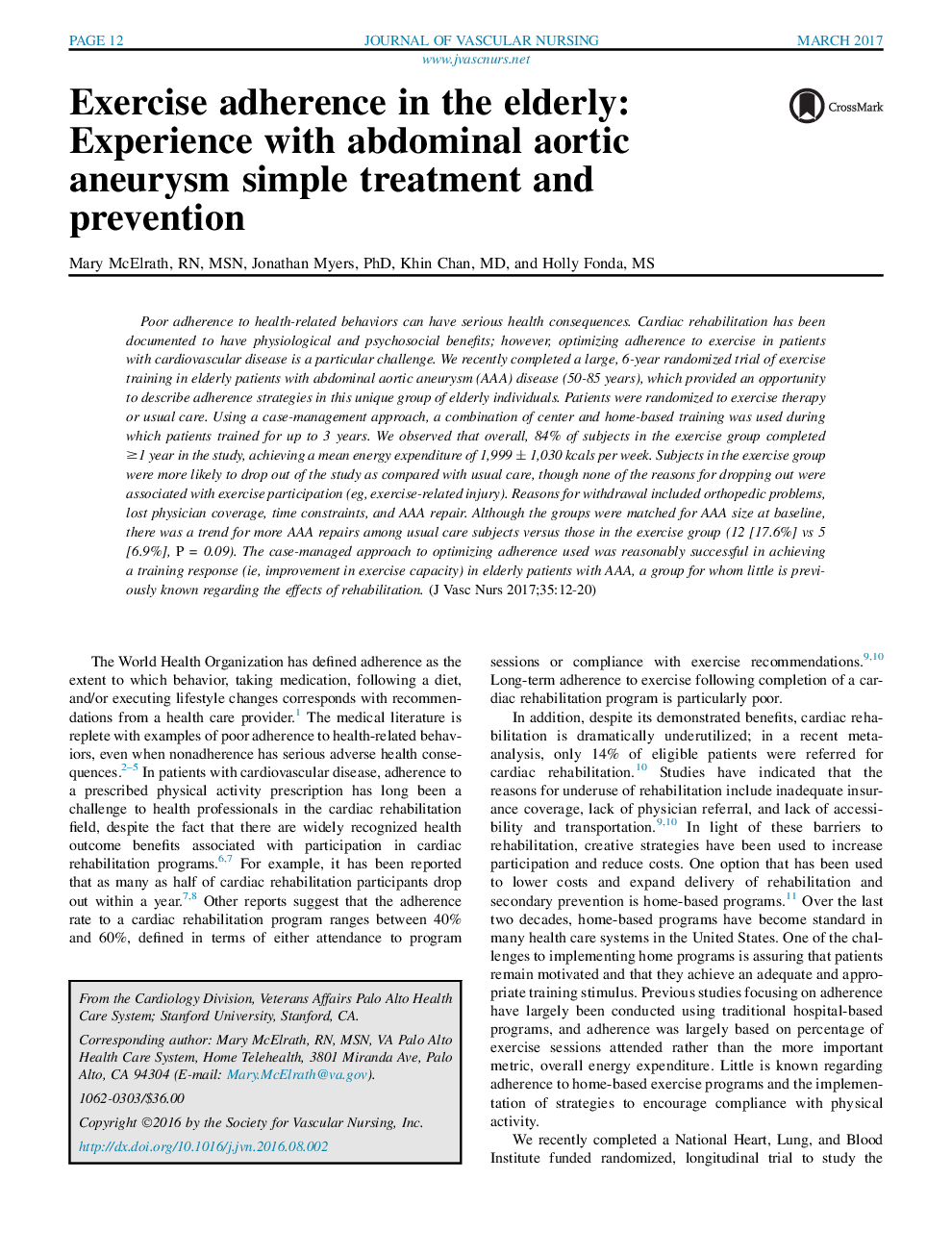 Exercise adherence in the elderly: Experience with abdominal aortic aneurysm simple treatment and prevention