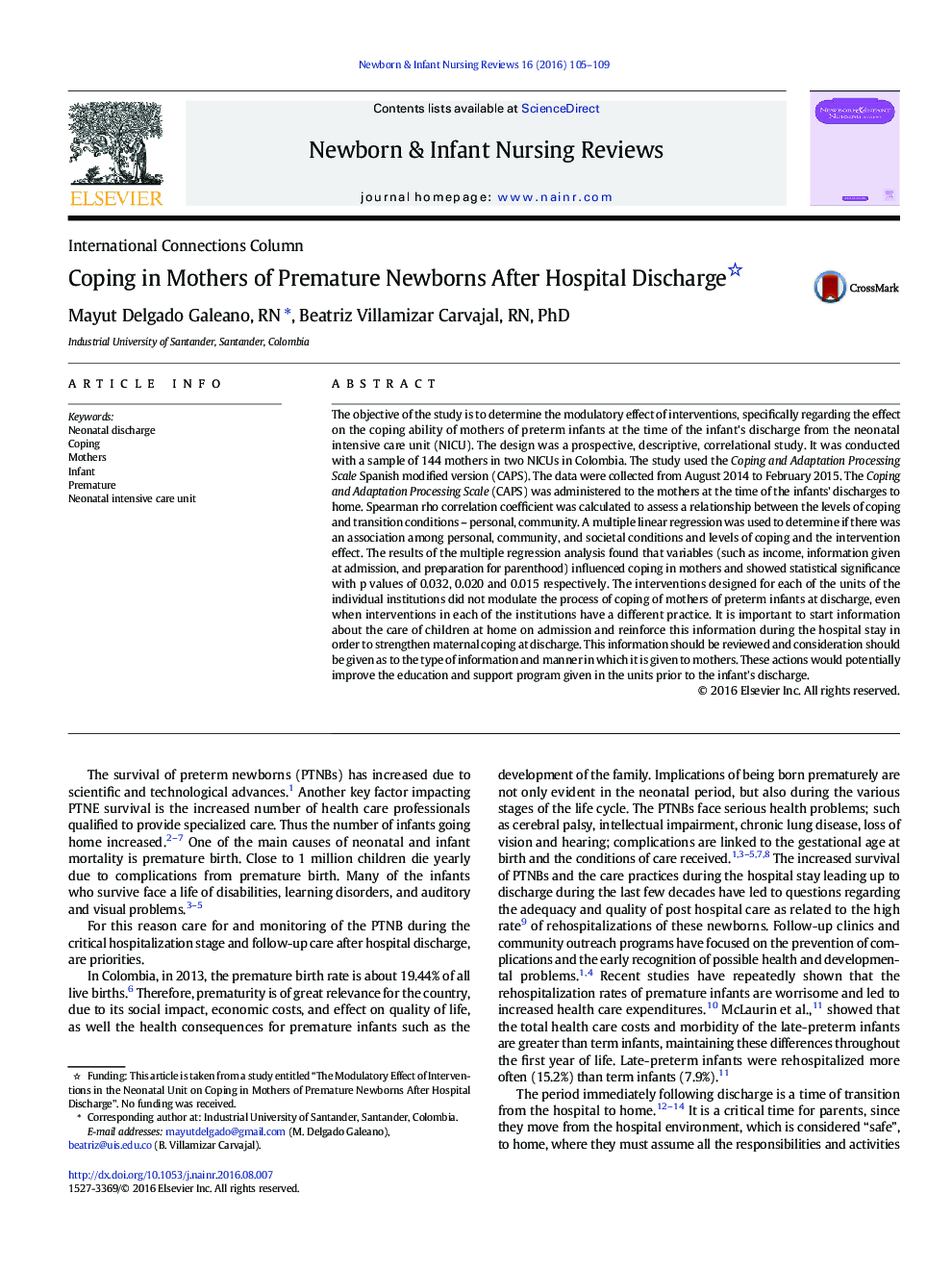 Coping in Mothers of Premature Newborns After Hospital Discharge