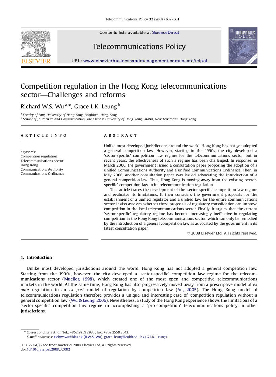 Competition regulation in the Hong Kong telecommunications sector—Challenges and reforms