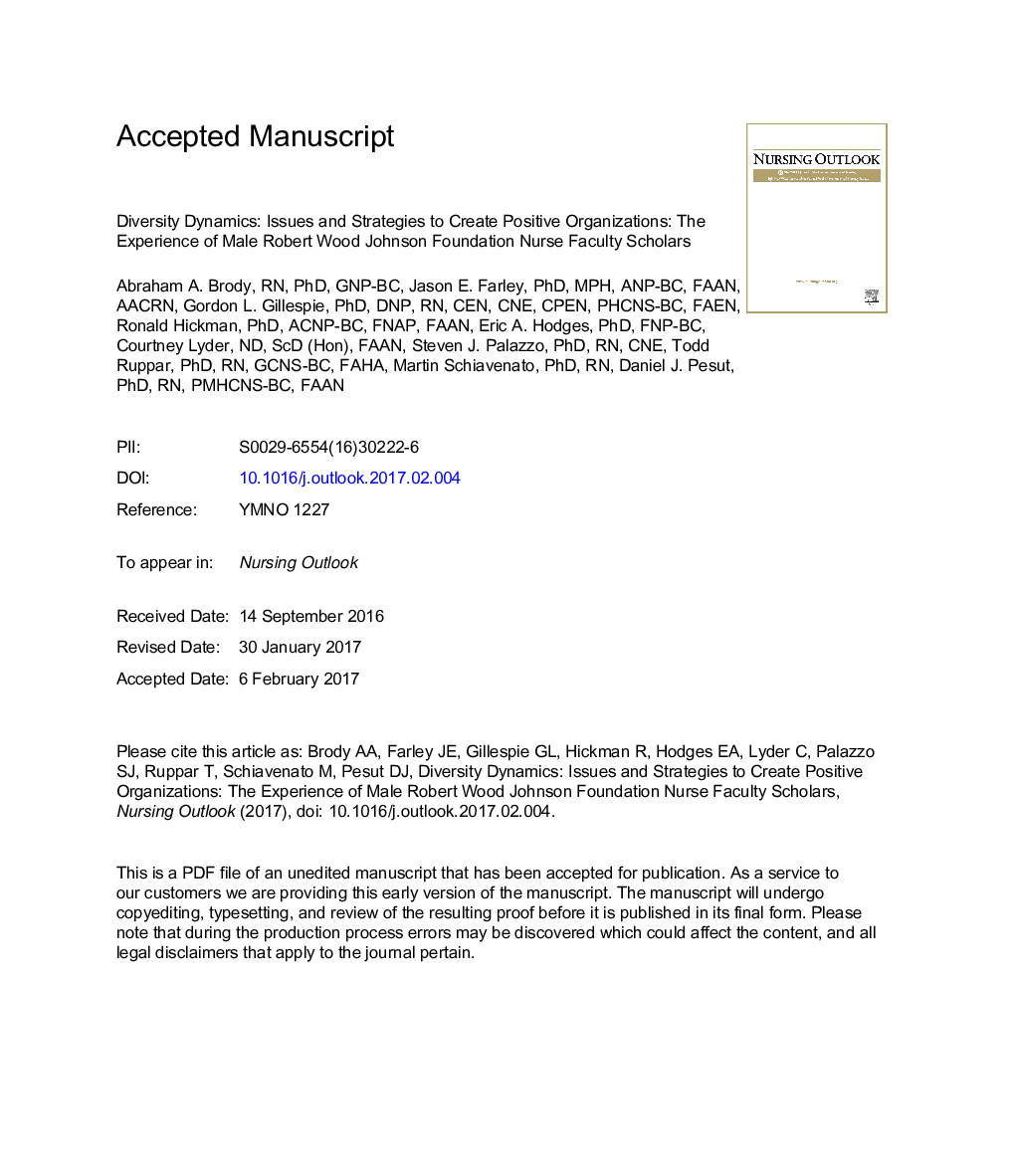 Diversity dynamics: The experience of male Robert Wood Johnson Foundation nurse faculty scholars