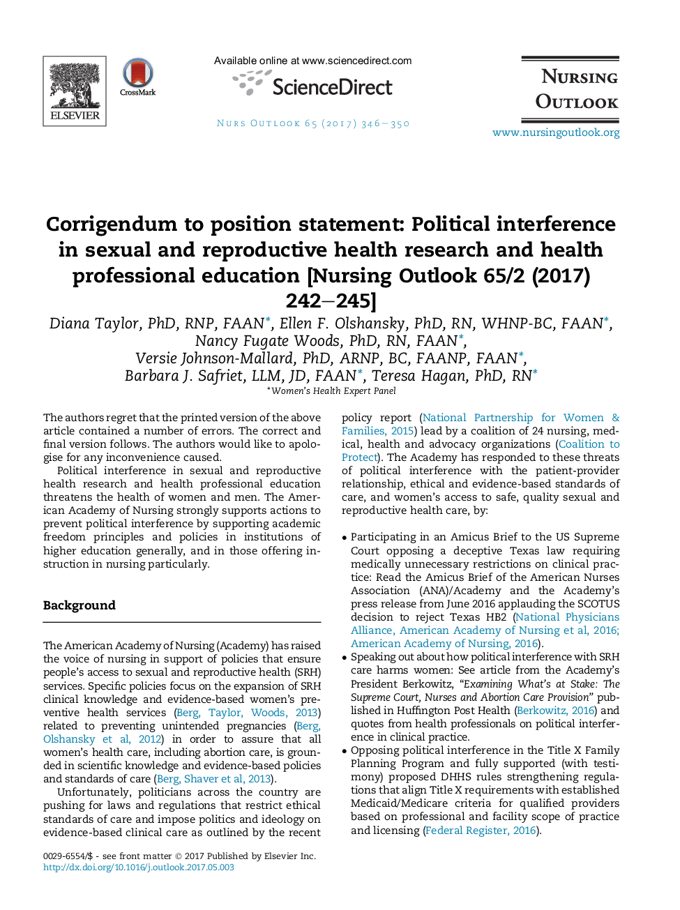 Corrigendum to position statement: Political interference in sexual and reproductive health research and health professional education [Nursing Outlook 65/2 (2017) 242-245]