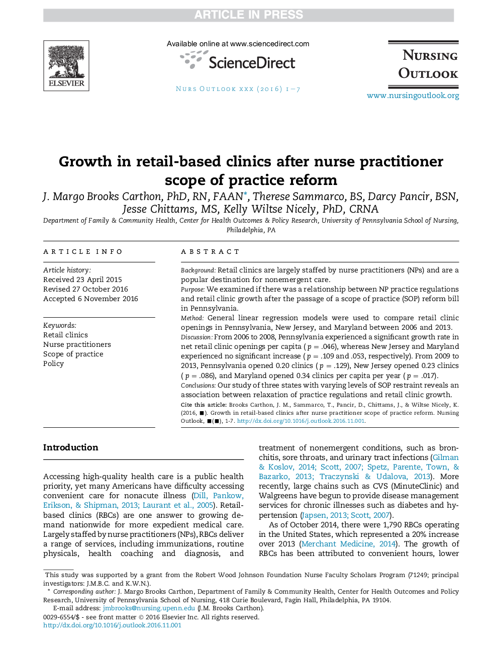 رشد در کلینیک های خرده فروشی پس از تمرین پرستار دامنه اصلاحات در عمل 