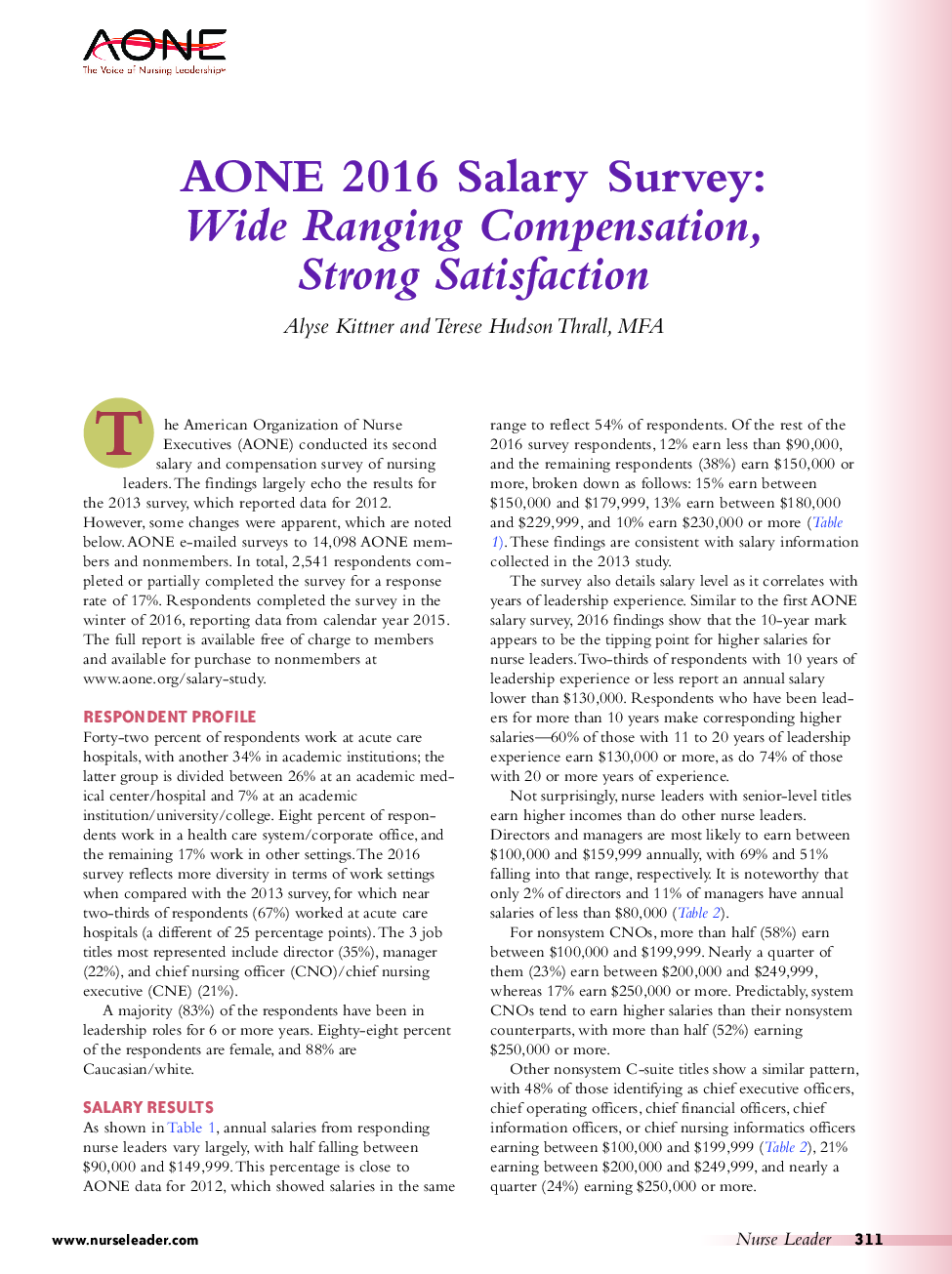 AONE 2016 Salary Survey: Wide Ranging Compensation, Strong Satisfaction