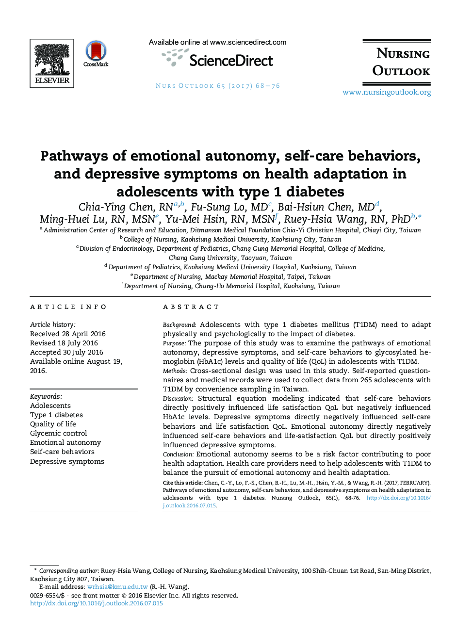 Pathways of emotional autonomy, self-care behaviors, and depressive symptoms on health adaptation in adolescents with type 1 diabetes