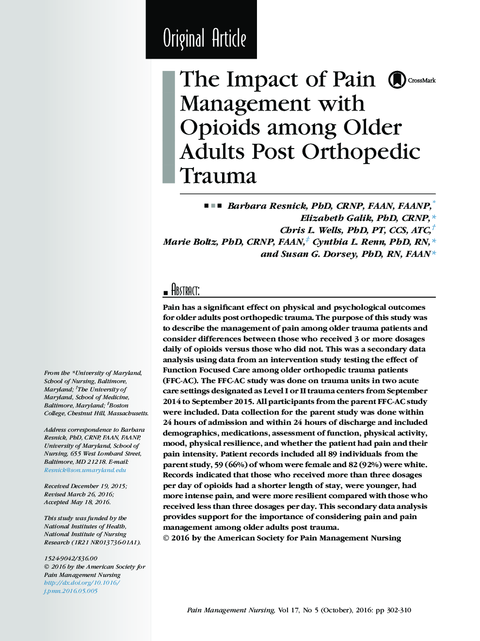 The Impact of Pain Management with Opioids among Older Adults Post Orthopedic Trauma