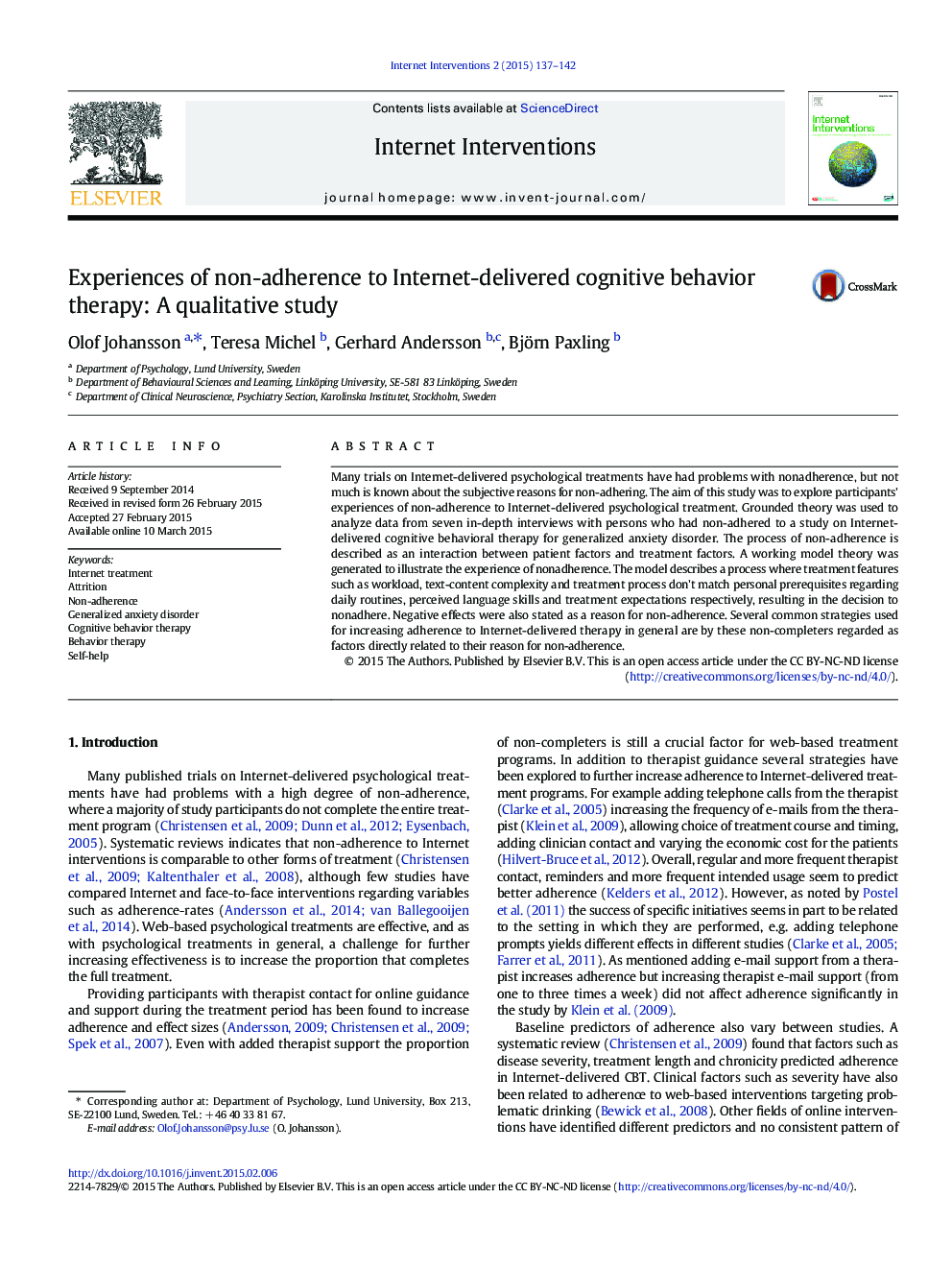 Experiences of non-adherence to Internet-delivered cognitive behavior therapy: A qualitative study