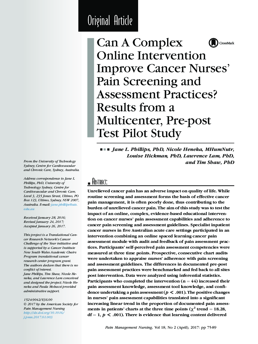 Can A Complex Online Intervention Improve Cancer Nurses' Pain Screening and Assessment Practices? Results from a Multicenter, Pre-post Test Pilot Study