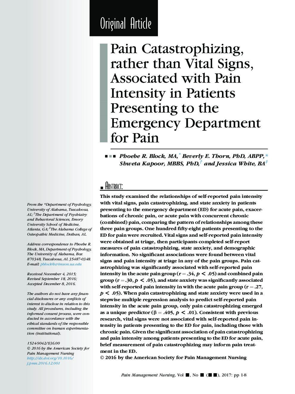 Pain Catastrophizing, rather than Vital Signs, Associated with Pain Intensity in Patients Presenting to the Emergency Department for Pain