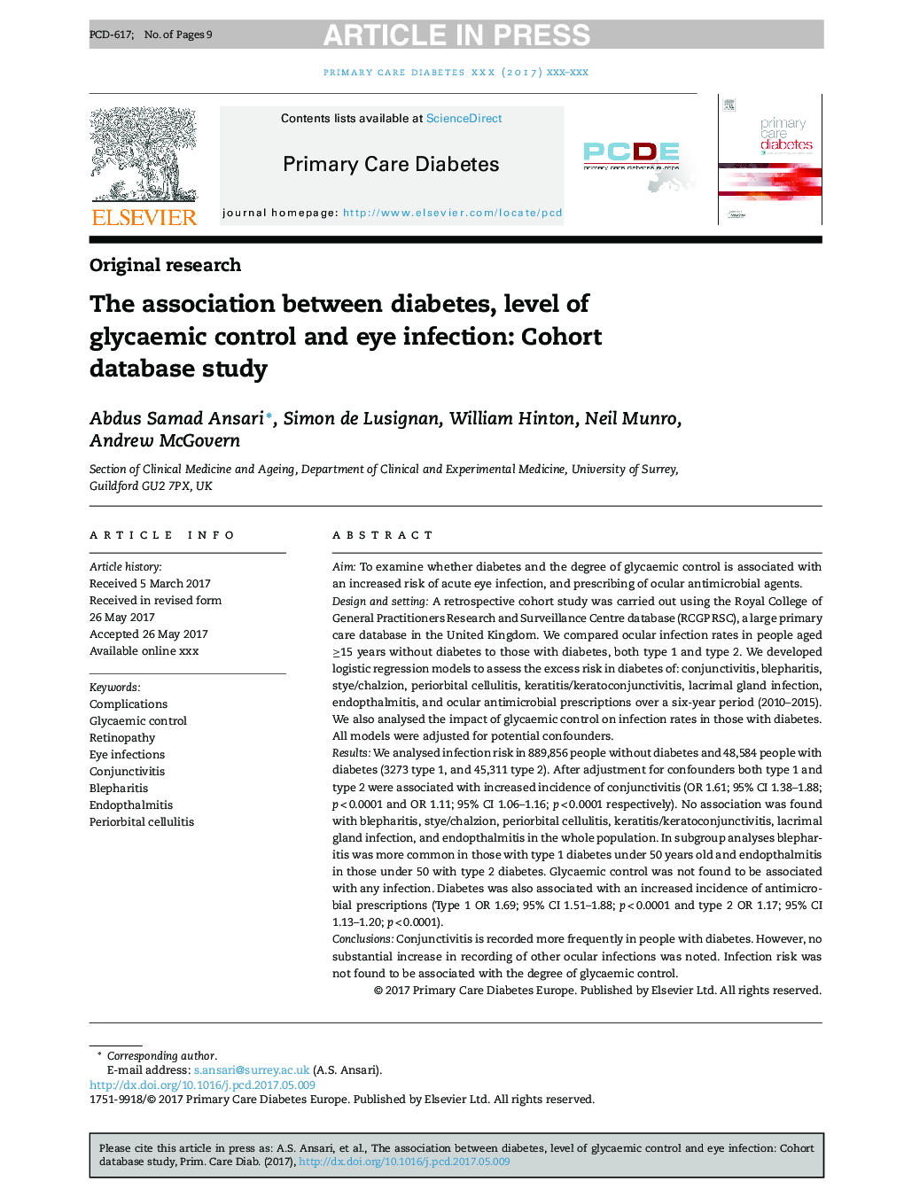 ارتباط بین دیابت، سطح کنترل گلیسمی و عفونت چشم: مطالعه پایگاه داده کوهورت 