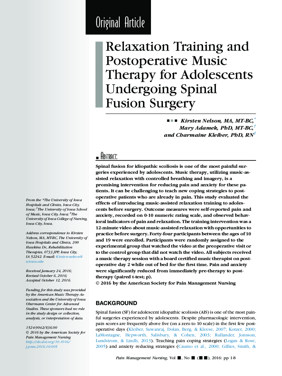 Relaxation Training and Postoperative Music Therapy for Adolescents Undergoing Spinal Fusion Surgery