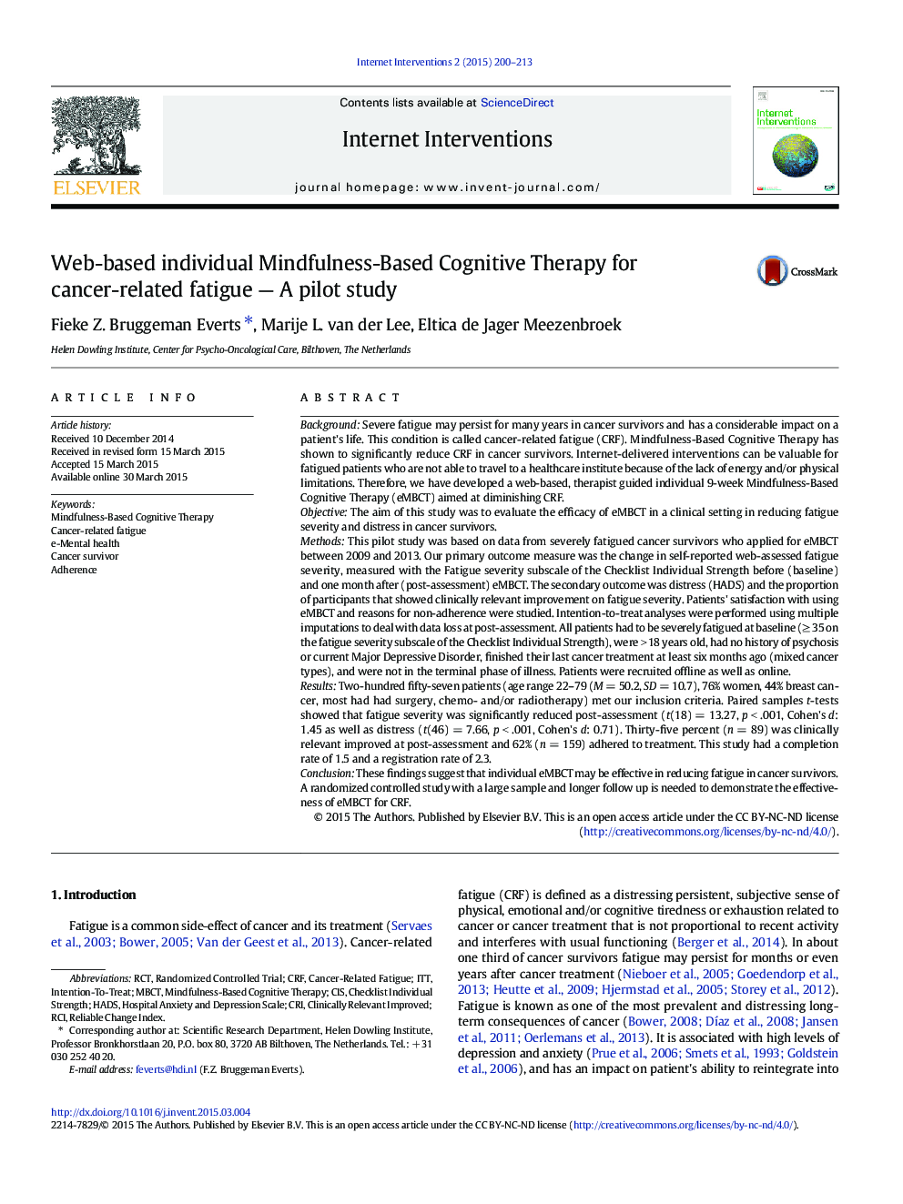 Web-based individual Mindfulness-Based Cognitive Therapy for cancer-related fatigue — A pilot study