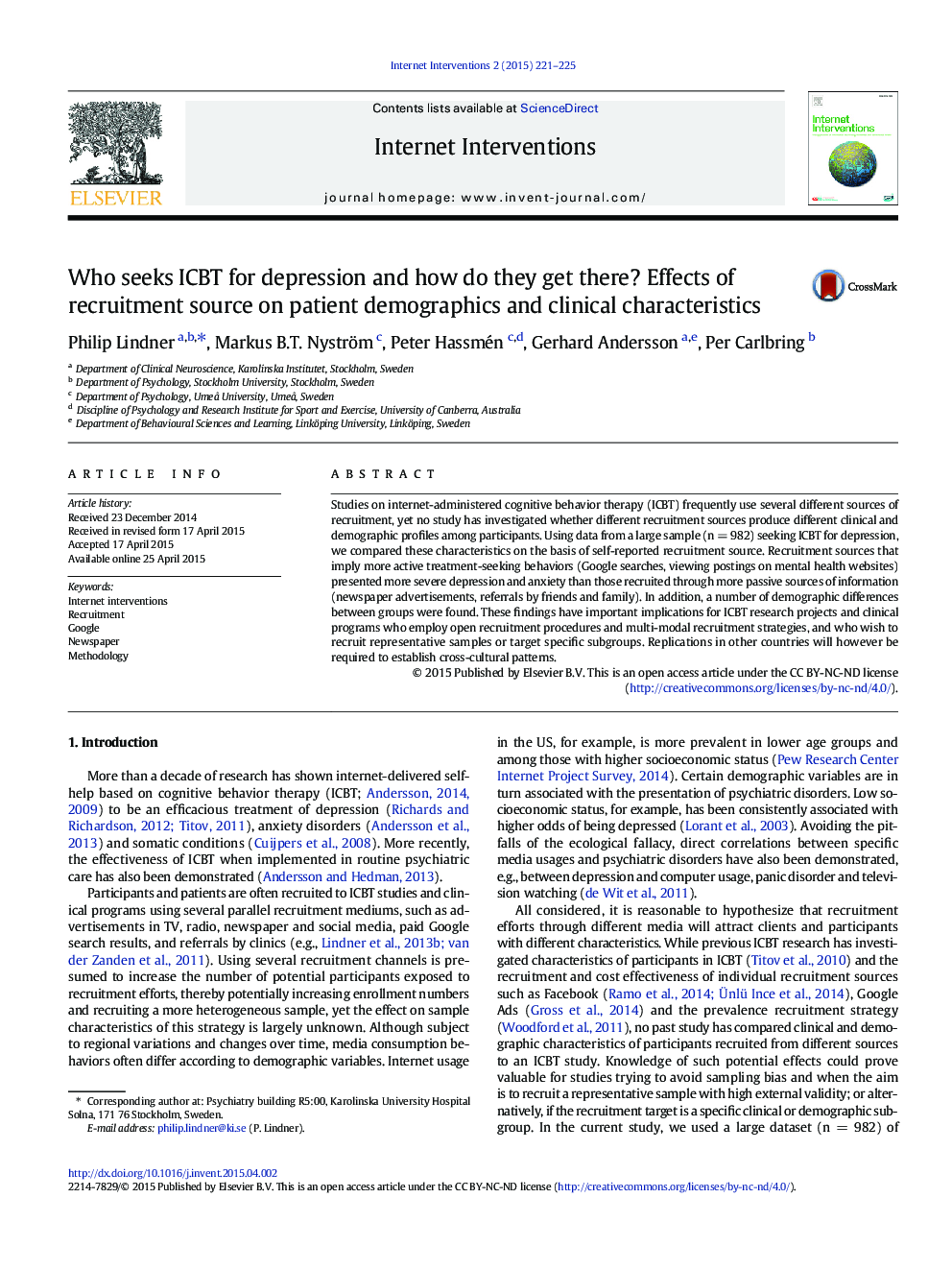 Who seeks ICBT for depression and how do they get there? Effects of recruitment source on patient demographics and clinical characteristics