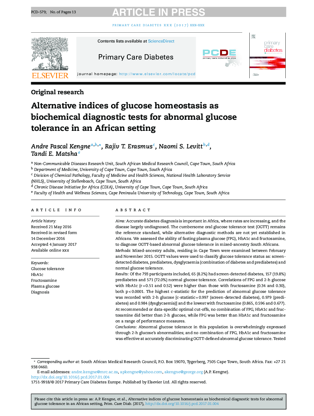 Alternative indices of glucose homeostasis as biochemical diagnostic tests for abnormal glucose tolerance in an African setting