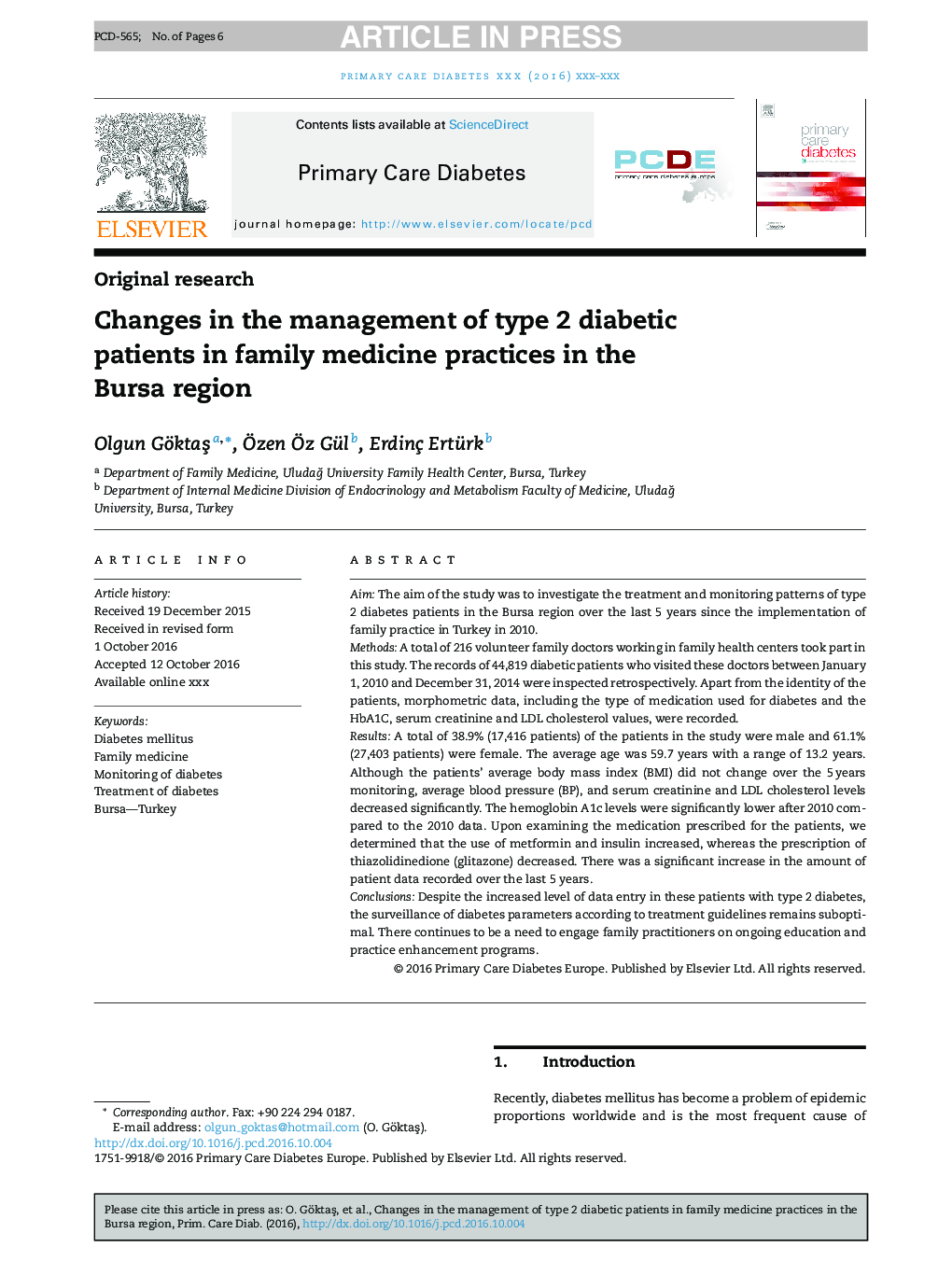 Changes in the management of type 2 diabetic patients in family medicine practices in the Bursa region