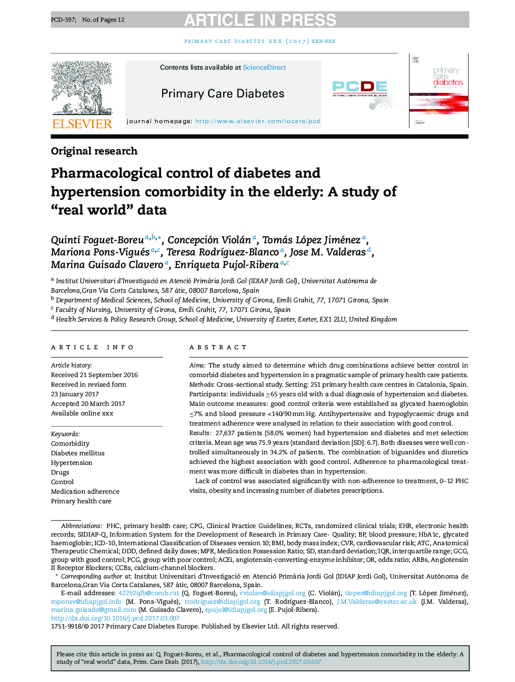کنترل فارماکولوژیک دیابت و کمبود بالای پرفشاری خون در سالمندان: مطالعهی دنیای واقعی داده ها 